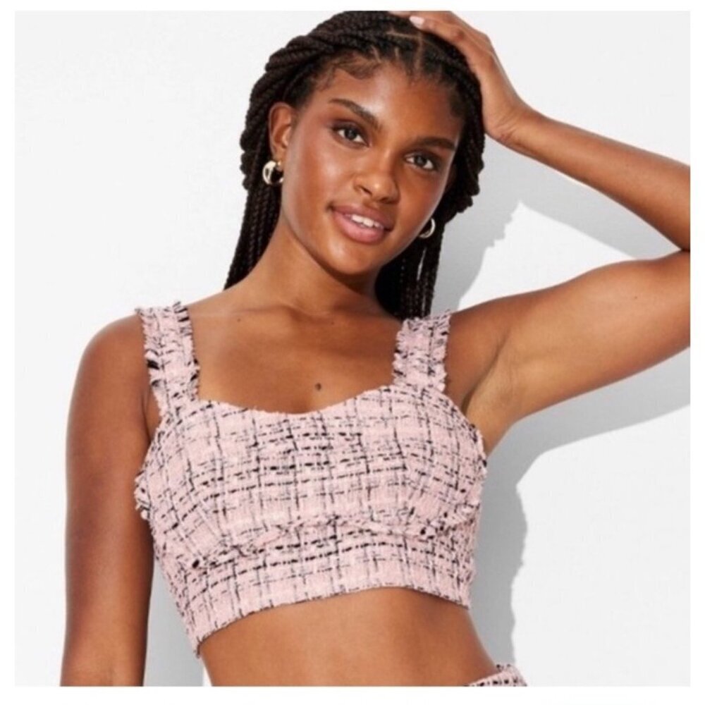 Wild Fable Women's Size Large Tweed Boucle Tiny Crop Top Pink Barbie Fringe